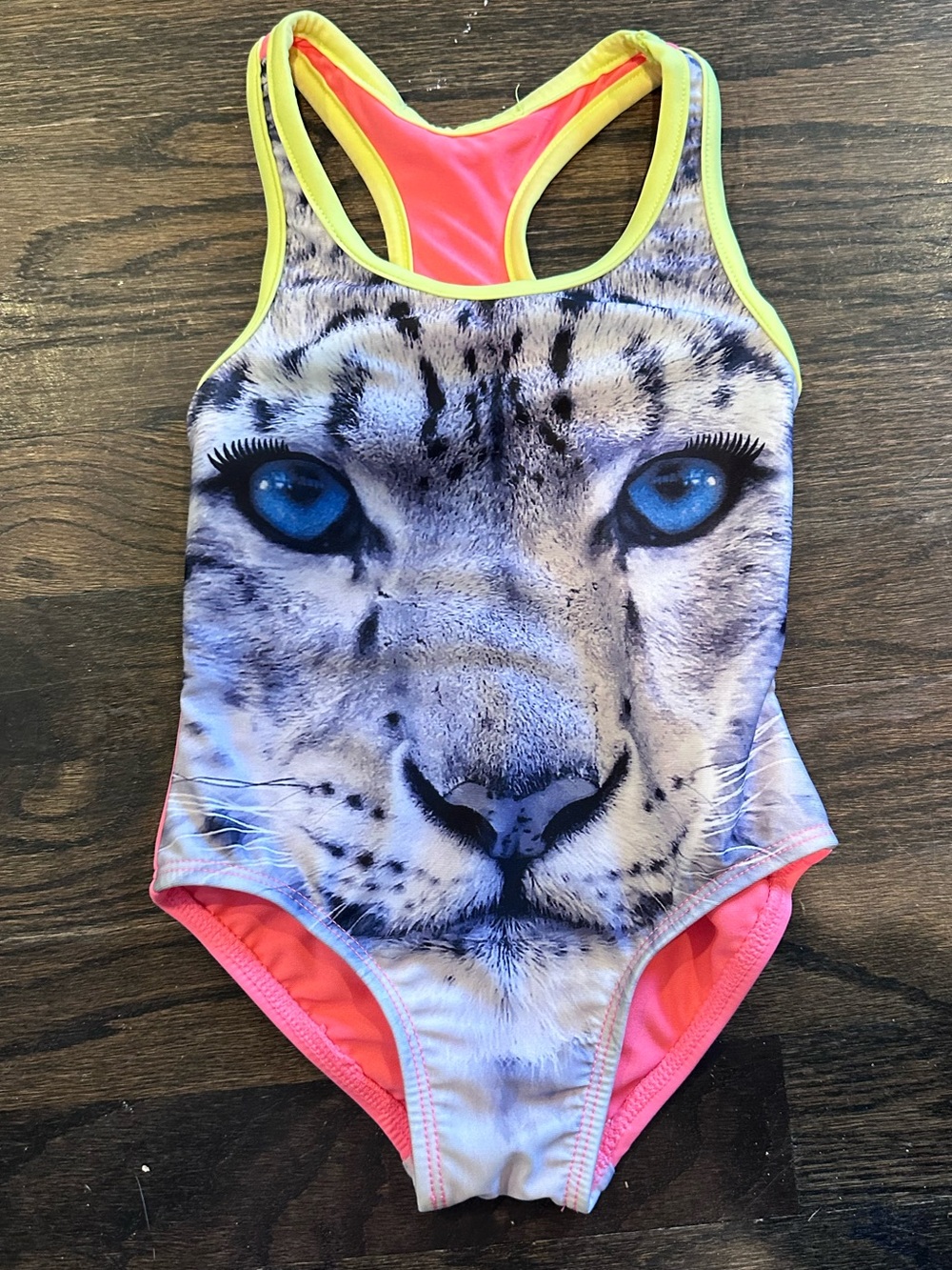 Molo Girls One-Piece Swimsuit with Blue Snow Leopard Face and Neon Trim